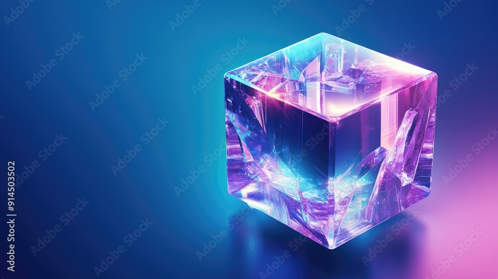 Futuristic 3D holographic cube with purple color texture and crystal blocks, isolated on a blue backdrop, ideal for contemporary vector visuals. Futuristic 3D holographic cube with purple color texture and crystal blocks, isolated on a blue backdrop, ideal for contemporary vector visuals.