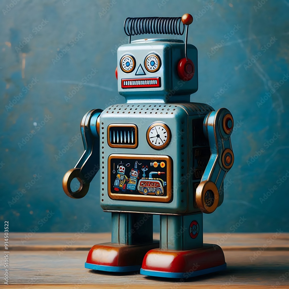 Fototapeta premium A robot with a black wig on his head sits in front of a table with drinks and people standing around 