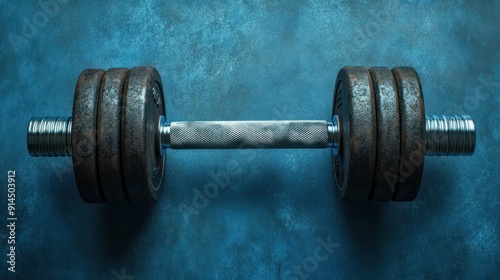 Close-up of metal dumbbell with a textured grip on a blue background, fitness and strength training concept, banner backdrop.