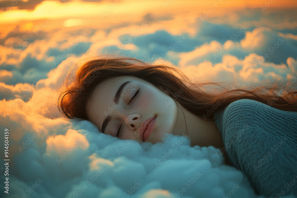 A Beautiful Woman Sleeping on a Cloud Above a Tranquil Landscape at Sunset. A Beautiful Woman Sleeping on a Cloud Above a Tranquil Landscape at Sunset.
