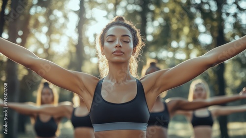 Group of multiethnic women stretching arms outdoor. Yoga class doing breathing exercise at park. Beautiful. fit women doing breath exercise together with outstretched arms. photo