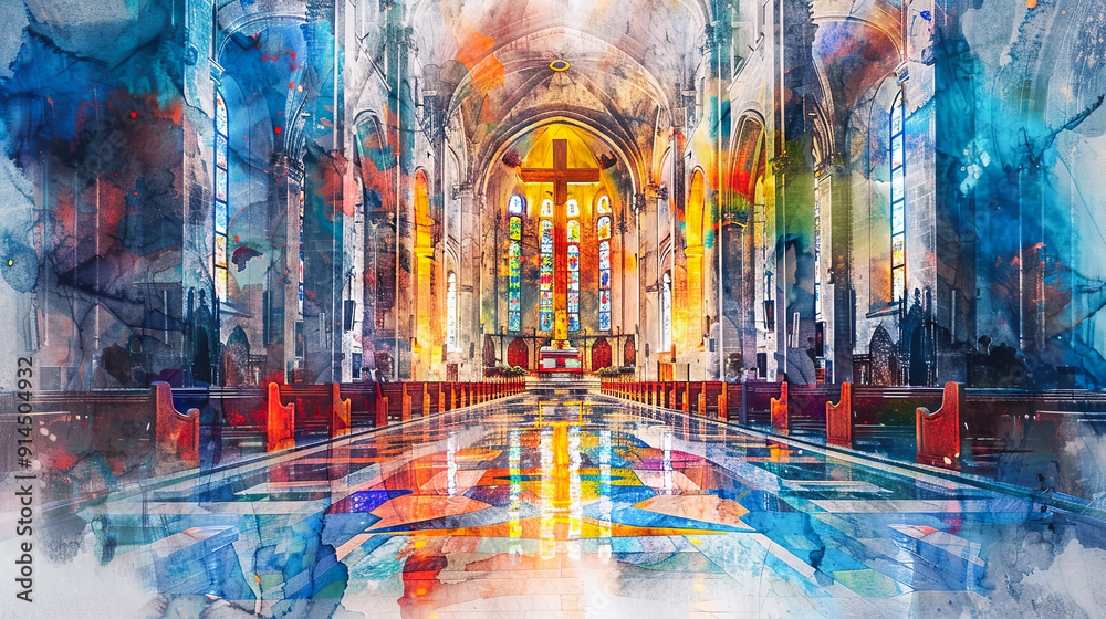 Fototapeta premium Interior watercolor painting cathedral architecture religion christianity faith art church building aisle altar abstract blue colorful design spiritual background beautiful god jesus christ