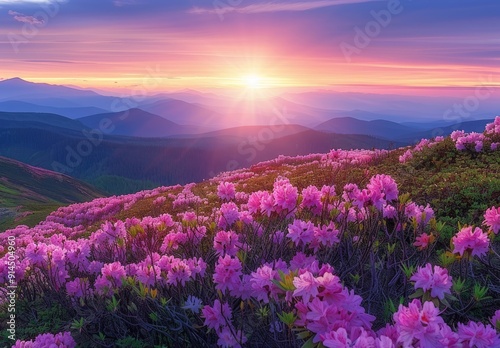 Mountaintop Sunrise with Pink Rhododendrons