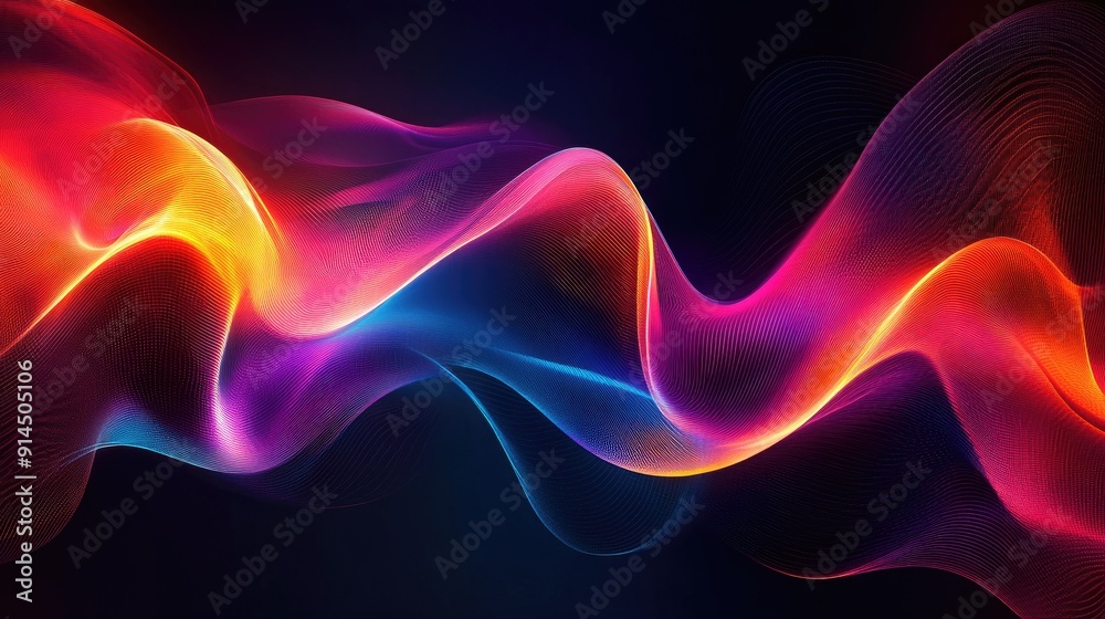 Glowing abstract waves on a dark background, ideal for artistic and futuristic design projects. Glowing abstract waves on a dark background, ideal for artistic and futuristic design projects.