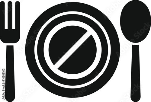 Simple black icon of an empty plate, a fork and a spoon with a forbidden symbol on the plate, representing eating disorders