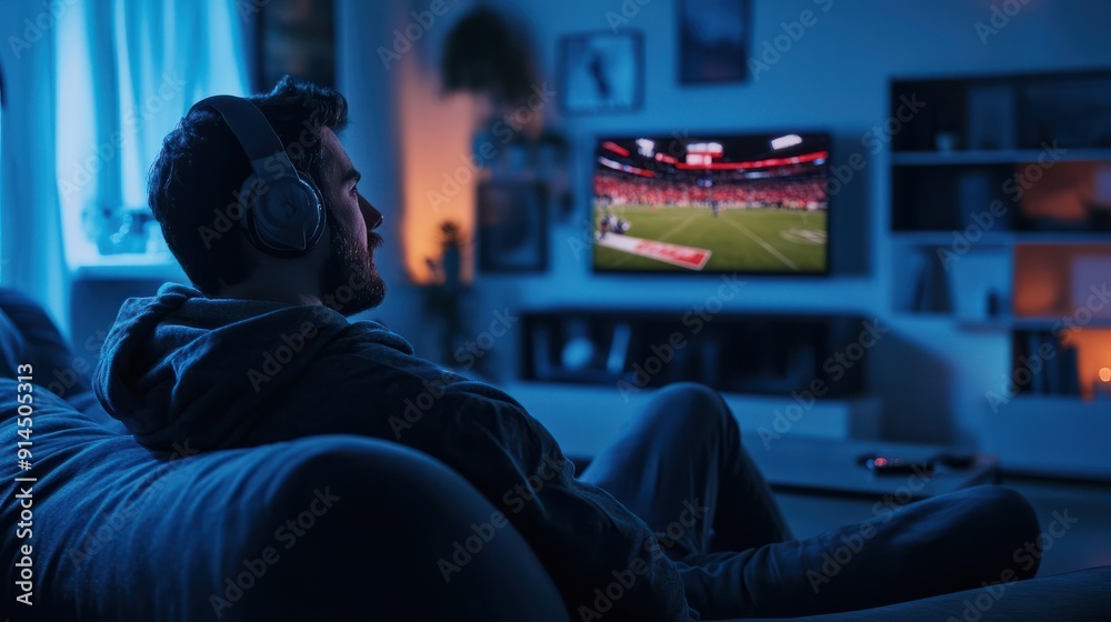 Man watching sports game on tv at home. He is a big fan of sports, so he watches every game on TV. He prefers to watch football. He's chilling. Man watching sports game on tv at home. He is a big fan of sports, so he watches every game on TV. He prefers to watch football. He's chilling.