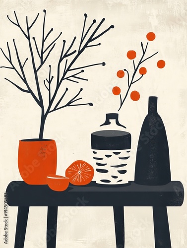 Still Life with Orange, Branch and Vase