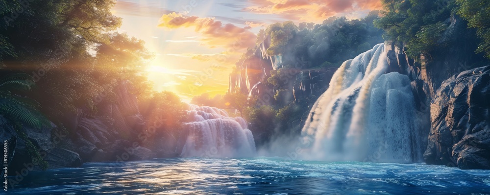 Fototapeta premium Powerful waterfall illuminated by the warm glow of the setting sun, 4K hyperrealistic photo