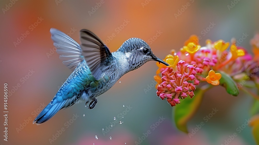 Macro shot capturing intricate detail of Bee Hummingbird Mellisuga helenae smallest bird specie world hovers near delicate flower sipping nectar tiny beak Macro shot capturing intricate detail of Bee Hummingbird Mellisuga helenae smallest bird specie world hovers near delicate flower sipping nectar tiny beak