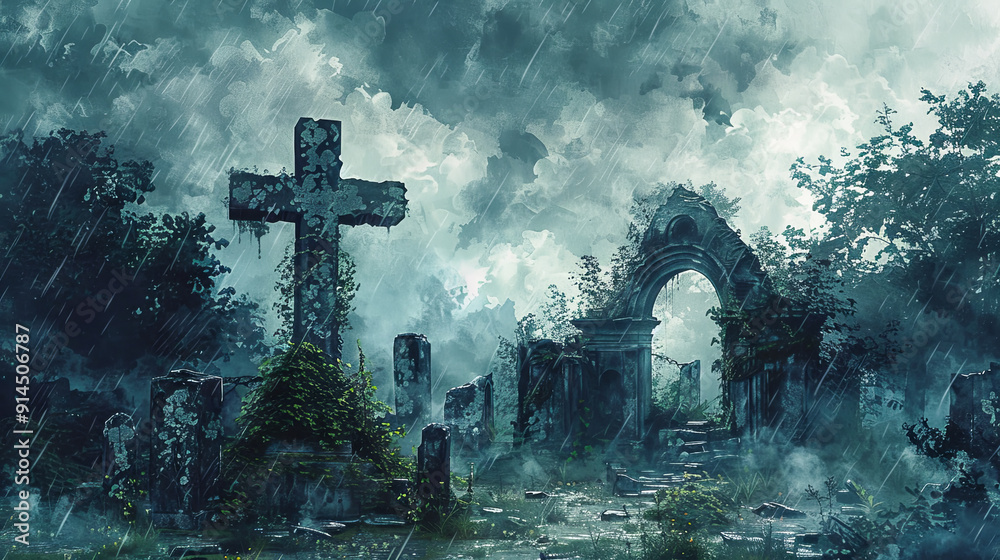Abandoned cemetery graveyard in rain haunted spooky scary gothic Halloween tombstones creepy eerie atmosphere dark forest nature graveyard death Abandoned cemetery graveyard in rain haunted spooky scary gothic Halloween tombstones creepy eerie atmosphere dark forest nature graveyard death
