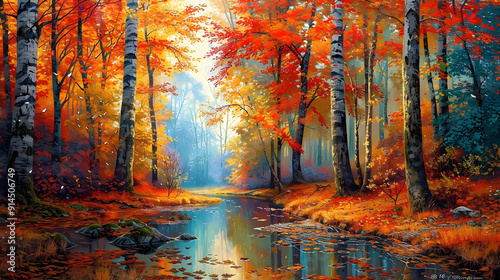 Serene Autumn Forest Landscape with Vibrant Foliage and Gentle Stream Reflecting Warm Tones