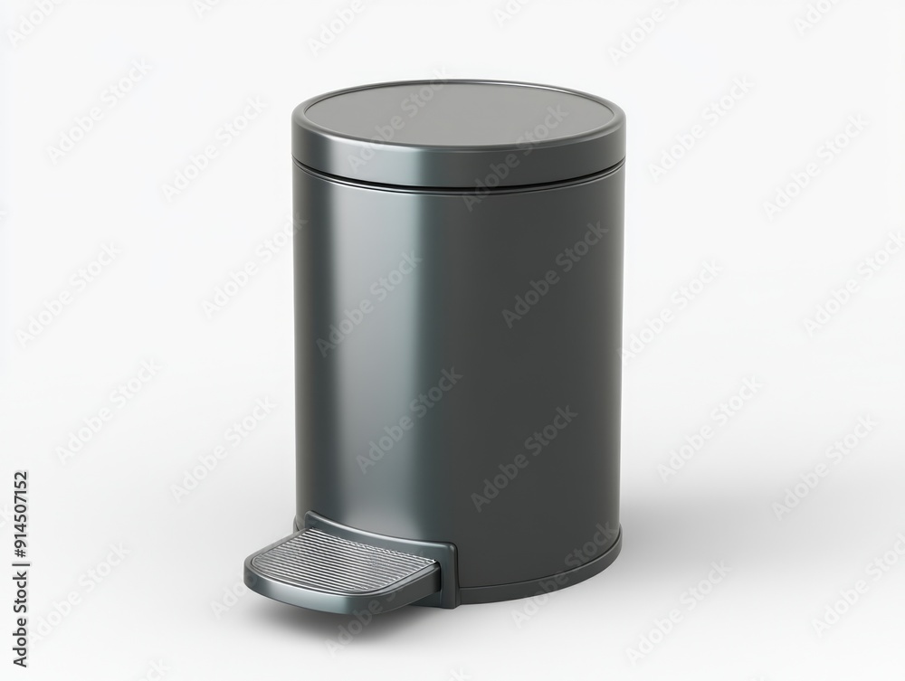 A metal trash can with a lid on a white surface