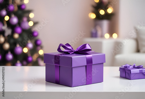 A purple gift box with a purple bow on a white table, with a blurred christmas tree and sofa in the background