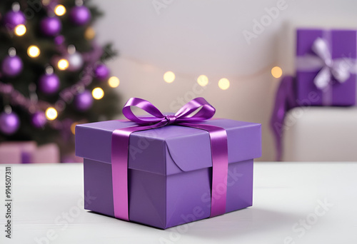A purple gift box with a purple bow on a white table, with a blurred christmas tree and sofa in the background
