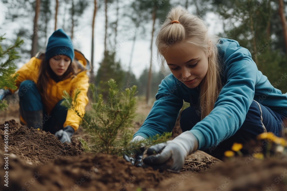 Young Volunteers Engaging in Tree Planting Activity in Forest During Overcast Day Young Volunteers Engaging in Tree Planting Activity in Forest During Overcast Day