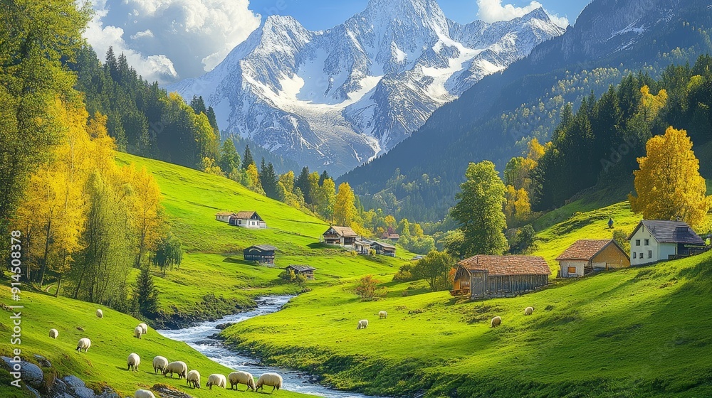 Fototapeta premium A pastoral scene with a river running through it