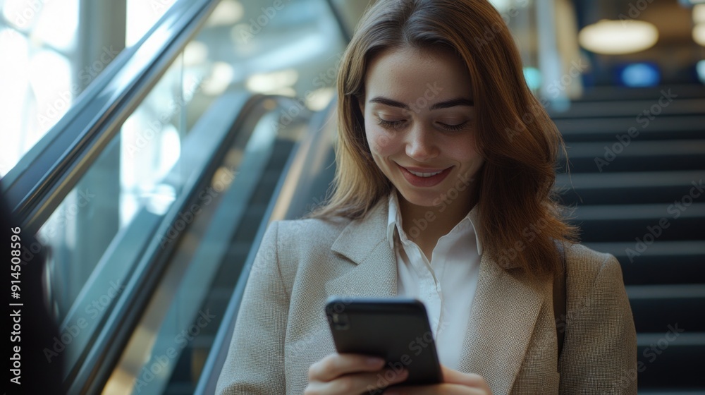 Fototapeta premium A woman is looking at her cell phone, possibly reading a message or checking social media