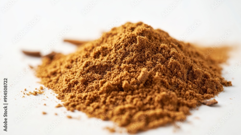 Detailed photo of ground cinnamon, warm brown tones, finely ground, angled view, lightly piled on off-white background, bright lighting. Ground cinnamon Detailed photo of ground cinnamon, warm brown tones, finely ground, angled view, lightly piled on off-white background, bright lighting. Ground cinnamon