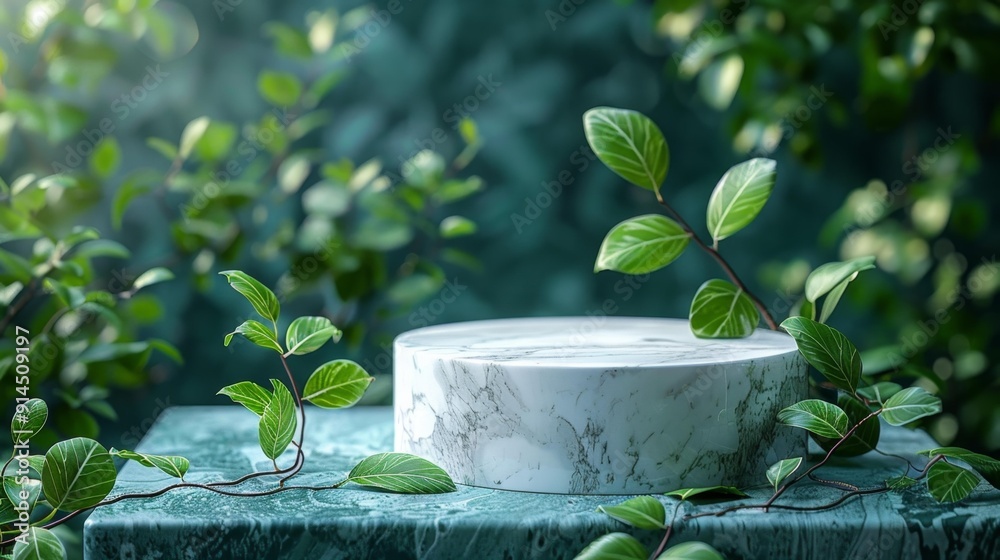 Marble pedestal with green leaves - generative ai Marble pedestal with green leaves - generative ai
