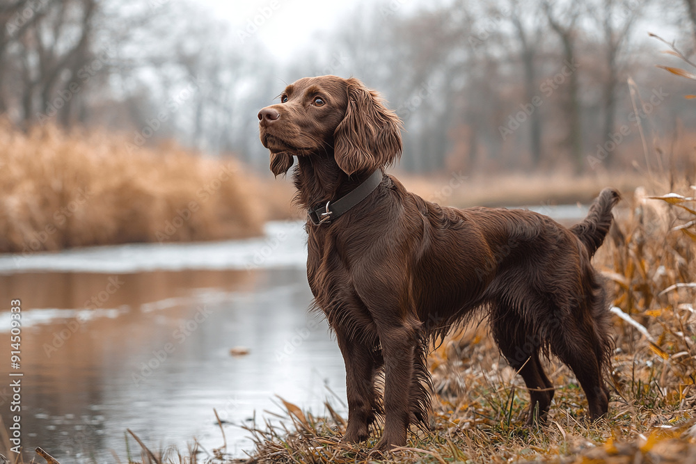 A Boykin Spaniel standing by a riverbank, looking ready to retrieve. A Boykin Spaniel standing by a riverbank, looking ready to retrieve.