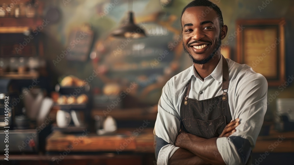 Fototapeta premium ..A portrait of a beaming African American entrepreneur embracing the small business dream
