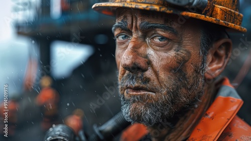 Wallpaper Mural A close-up portrait of a construction worker, showcasing his strength and resilience. He stands on a busy site, his gaze focused intently on the task at hand Torontodigital.ca