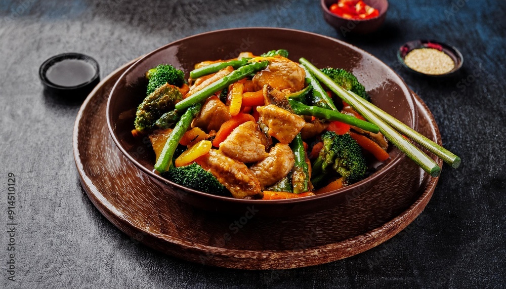 Vibrant Stir-Fry: Golden Chicken Thighs in Spicy Sauce with Fresh Vegetables, Garlic, and Sriracha, Served in a Rustic Bowl with Rice