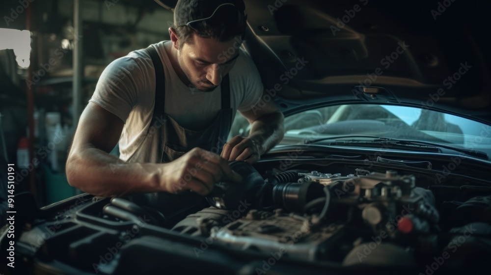 Mechanic Repairing a Car Engine Mechanic Repairing a Car Engine