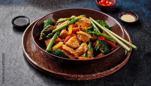 Vibrant Stir-Fry: Golden Chicken Thighs in Spicy Sauce with Fresh Vegetables, Garlic, and Sriracha, Served in a Rustic Bowl with Rice