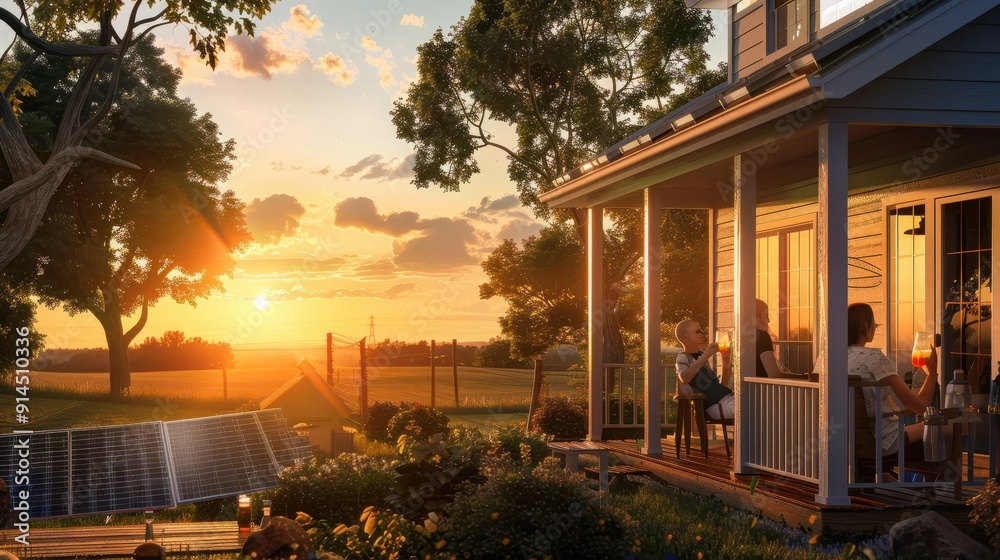 A family sitting on their porch sipping iced tea and admiring their newly cleaned solar panels. In the background the sun is setting . . A family sitting on their porch sipping iced tea and admiring their newly cleaned solar panels. In the background the sun is setting . .