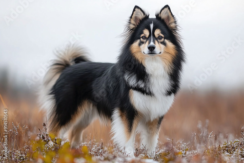 A Finnish Lapphund standing proudly in a Nordic landscape. photo