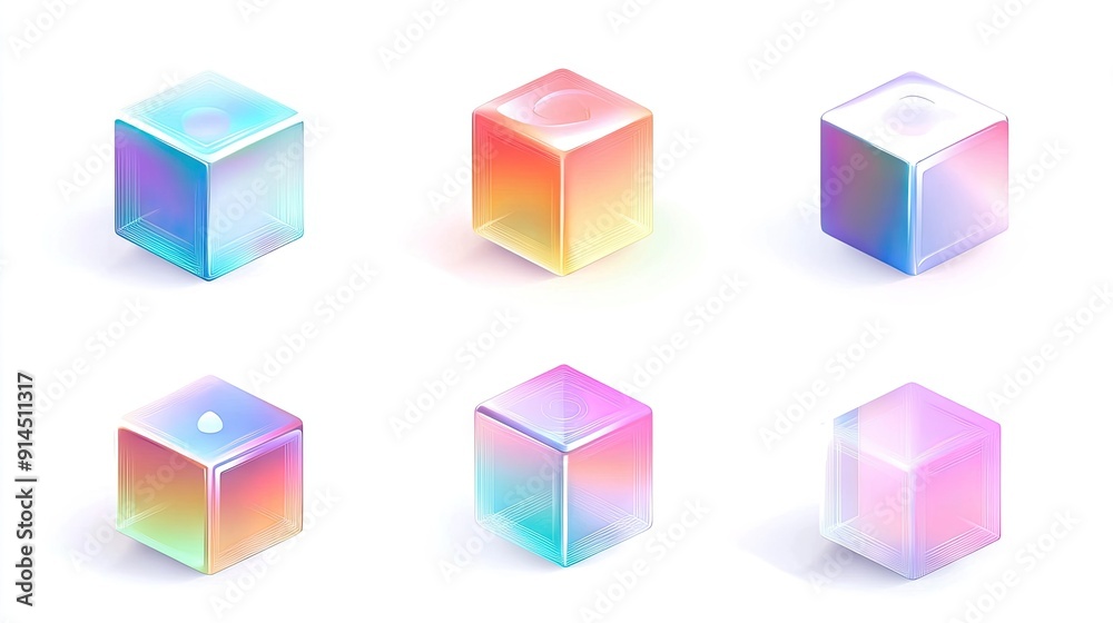 Set of realistic 3D cubes featuring gradient hologram colors, isolated on a white background, creating a visually engaging vector collection. Set of realistic 3D cubes featuring gradient hologram colors, isolated on a white background, creating a visually engaging vector collection.