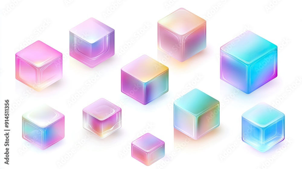 Set of realistic 3D cubes in gradient hologram colors, displayed on a white backdrop, ideal for modern vector illustrations and design elements Set of realistic 3D cubes in gradient hologram colors, displayed on a white backdrop, ideal for modern vector illustrations and design elements
