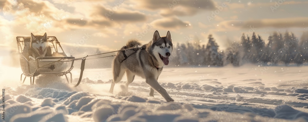 Energetic Siberian Husky dog pulling a sled through a snowy landscape ...