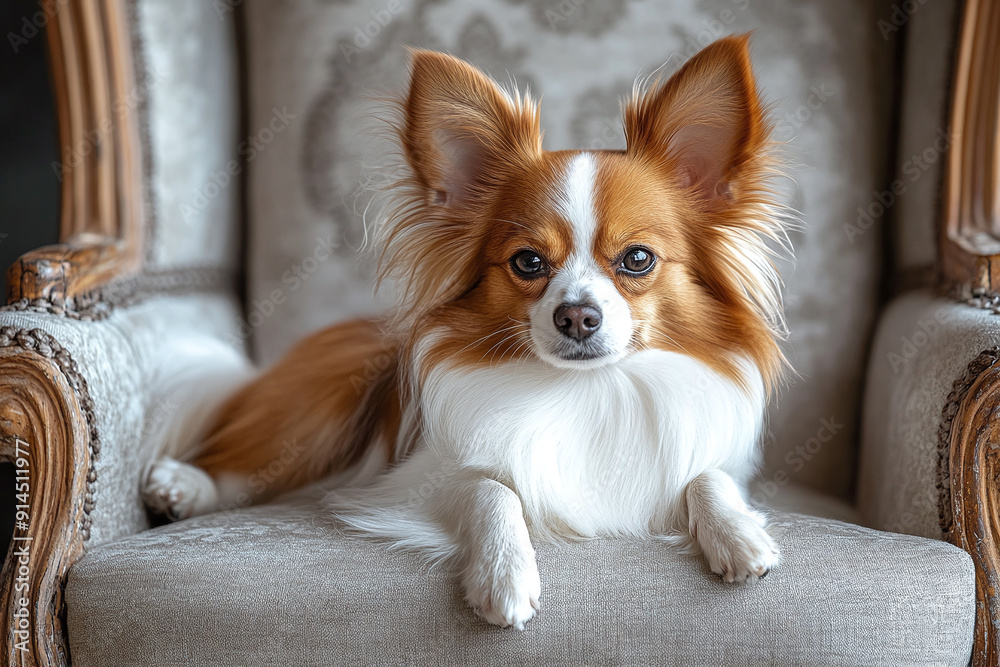 A Papillon sitting elegantly on a chair in a vintage-style room. A Papillon sitting elegantly on a chair in a vintage-style room.