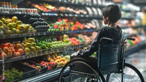 A young person in a modern wheelchair selects produce in a grocery store. photo