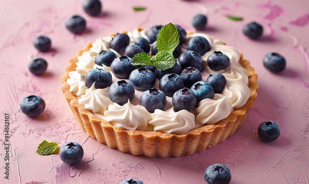 tart with blueberries and cream on an isolated pink background tart with blueberries and cream on an isolated pink background