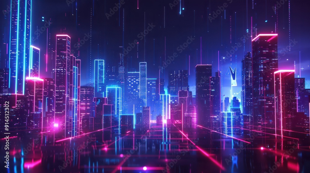 An abstract city skyline, composed of intersecting neon lines against a midnight backdrop An abstract city skyline, composed of intersecting neon lines against a midnight backdrop
