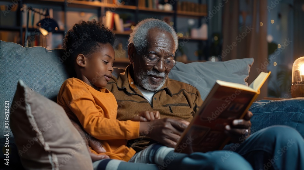 An afro grandfather and grandchild enjoy a bedtime story together on the couch before sleep. An afro grandfather and grandchild enjoy a bedtime story together on the couch before sleep.
