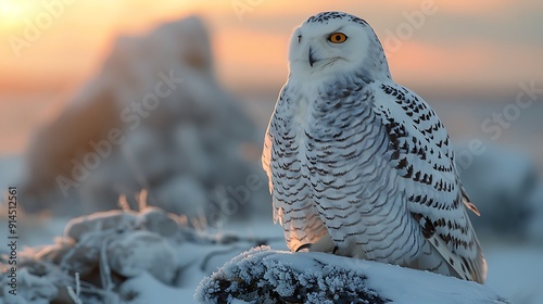 Majestic Snowy Owl Bubo scandiacus perched snowcovered rock Arctic tundra of Canada white plumage blending seamlessly with the wintry landscape photo