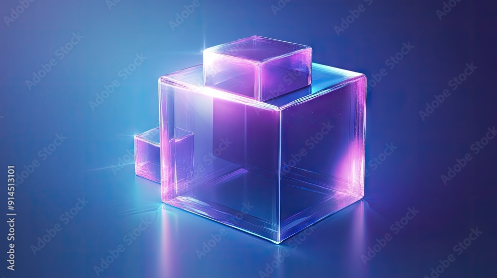 Vibrant 3D vector illustration of a holographic abstract cube with crystal blocks, showcasing a purple holographic texture against a blue background. Vibrant 3D vector illustration of a holographic abstract cube with crystal blocks, showcasing a purple holographic texture against a blue background.