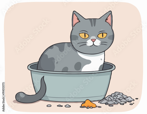 Gray cat is depressed about messy litter box. 