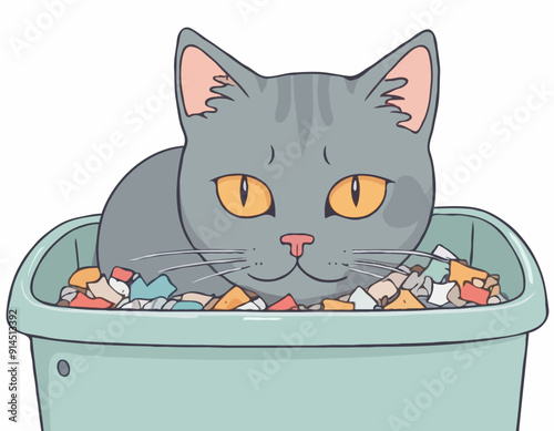 Gray cat is depressed about messy litter box. 