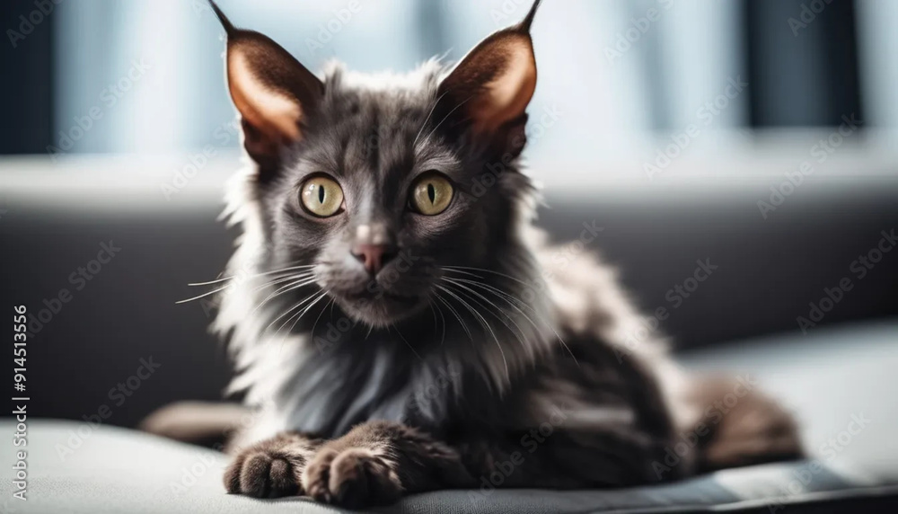 Adorable Lykoi cat on white sofa. Close up. Adorable Lykoi cat on white sofa. Close up.