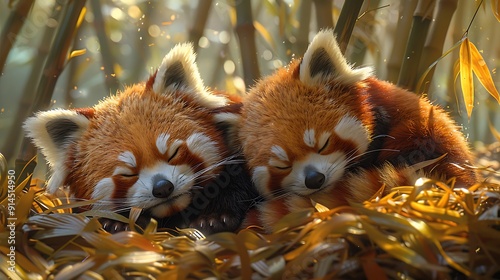 Adorable red panda Ailurus fulgens lounging lazily lush bamboo forest their fluffy tail curled around them they indulge midday nap epitomizing charm tranquility of Himalayan foothill 