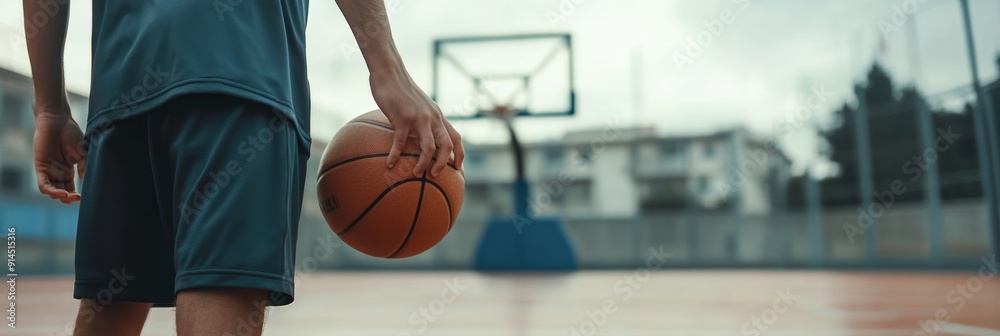 Close up image of basketball player holding ball on court, sports concept in focus Close up image of basketball player holding ball on court, sports concept in focus