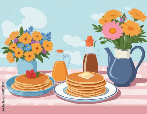 Still life of pancakes, a tray, a bouquet of flowers and a jug, a gravy boat. Proper nutrition, veganism. All items are separate. Isolated vector objects.
