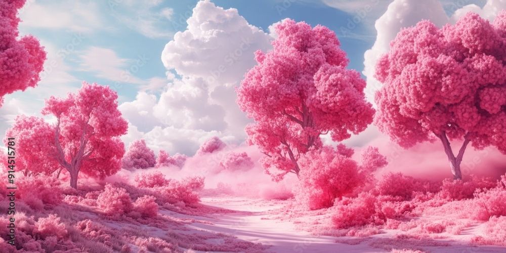 A beautiful pink landscape with trees in the foreground A beautiful pink landscape with trees in the foreground