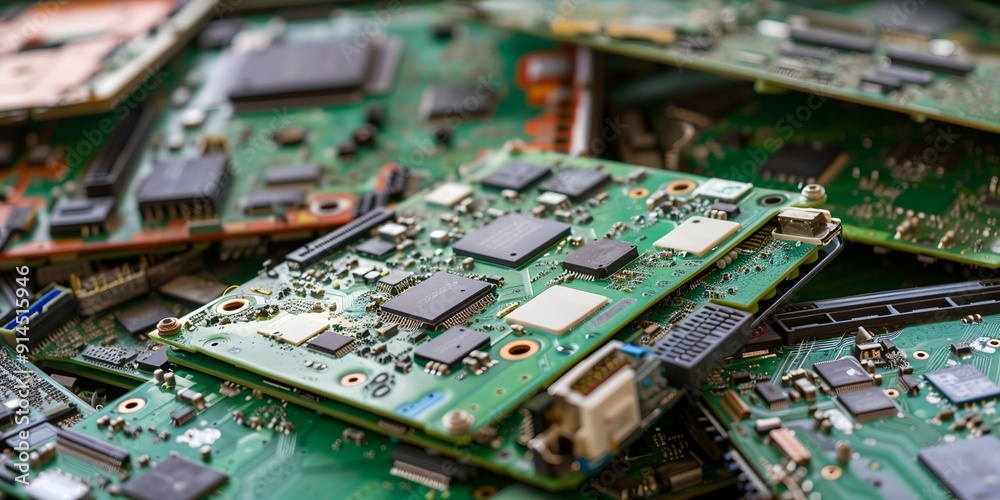A pile of electronic components, including a green circuit board. Concept of disorganization and clutter, as the various parts are scattered and piled on top of each other A pile of electronic components, including a green circuit board. Concept of disorganization and clutter, as the various parts are scattered and piled on top of each other