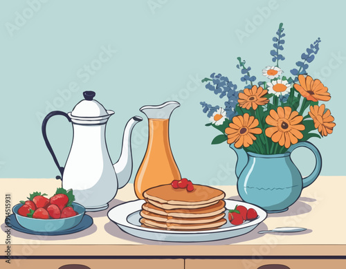 Still life of pancakes, a tray, a bouquet of flowers and a jug, a gravy boat. Proper nutrition, veganism. All items are separate. Isolated vector objects.